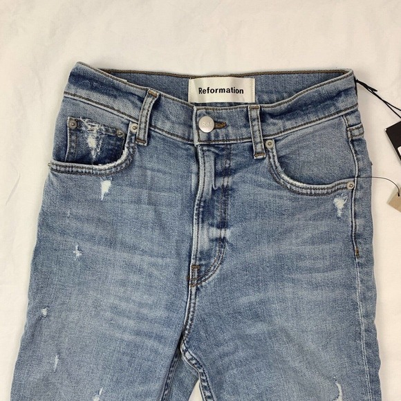 Reformation High Waisted Skinny Denim Jeans Size 23 Blue Maui Distressed NWT - Picture 7 of 15